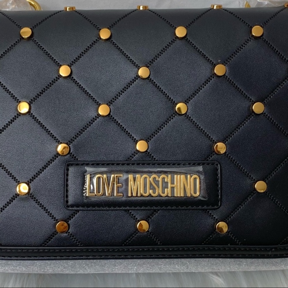 LOVE Moschino Borsa PU Nero Vegan Leather Studded Black Crossbody Bag NWT - Picture 6 of 15